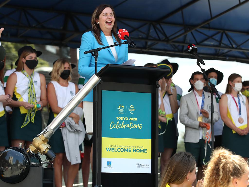 Queensland Premier Annastacia Palaszczuk speaks at the Queensland's Olympians and Paralympians parade and reception in the Brisbane CBD. Picture: Jono Searle/NCA NewsWire