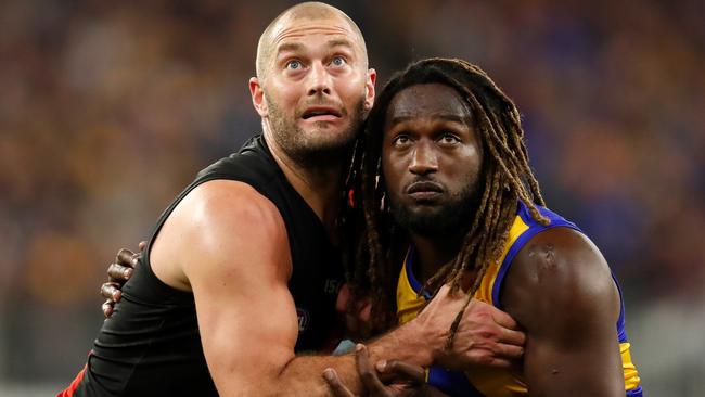 Essendon ruckman Tom Bellchambers is preparing himself to go head-to-head with tall timber like Nic Naitanui in the hopes it will help him seal a contract extension at the Bombers. Picture: AFL Photos