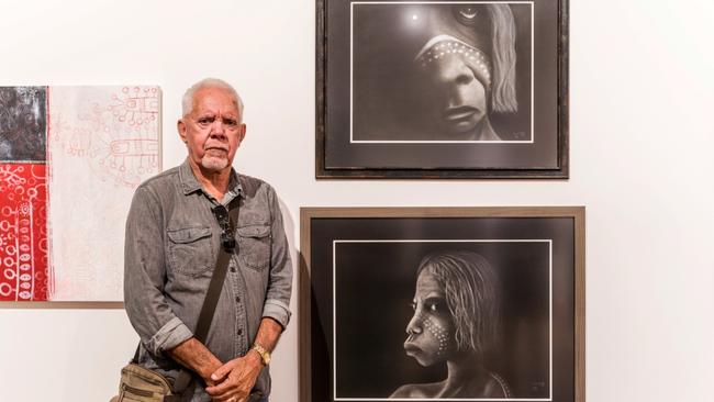 Saltwater Freshwater Aboriginal Art Award 2021 Winner Gus Kelly with entries Wanha-Wanggati-Nganhang (Don't Forget Me) (top) 2020 and winner (below) Narra Dhalayi (Sad Girl) 2020. The 2021 exhibition is open to the public at Coffs Harbour Regional Gallery from this weekend.