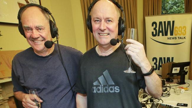 3AW Breakfast hosts Ross Stevenson and John Burns haven’t let coronavirus stop their dominance. Picture: Hamish Blair