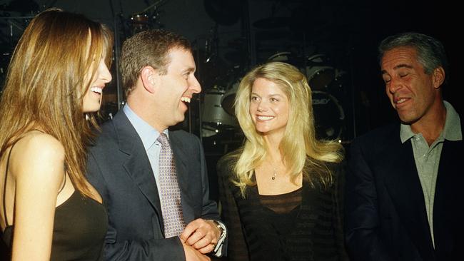 Prince Andrew with Melania Trump, Gwendolyn Beck and Jeffrey EpsteinvMar-a-Lago in 2000. Picture: Getty Images.