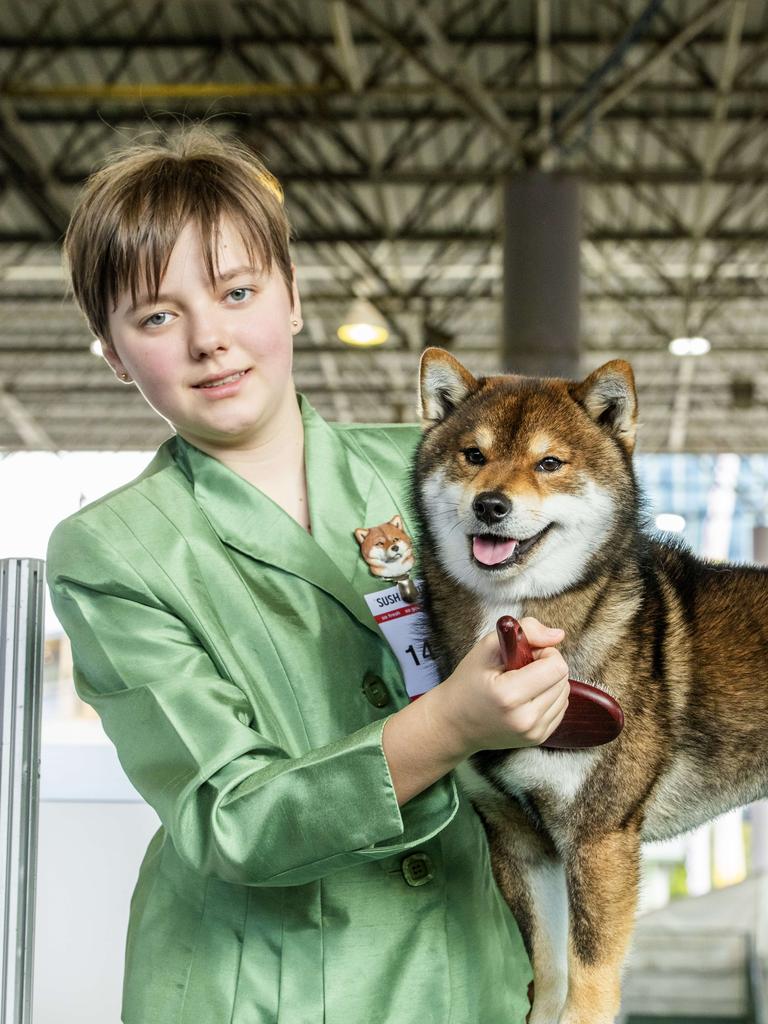 Rose Cook with Roku the Shiba-Inu at the Ekka at the RNA Showgrounds in Bowen Hills on Thursday. Picture: Richard Walker