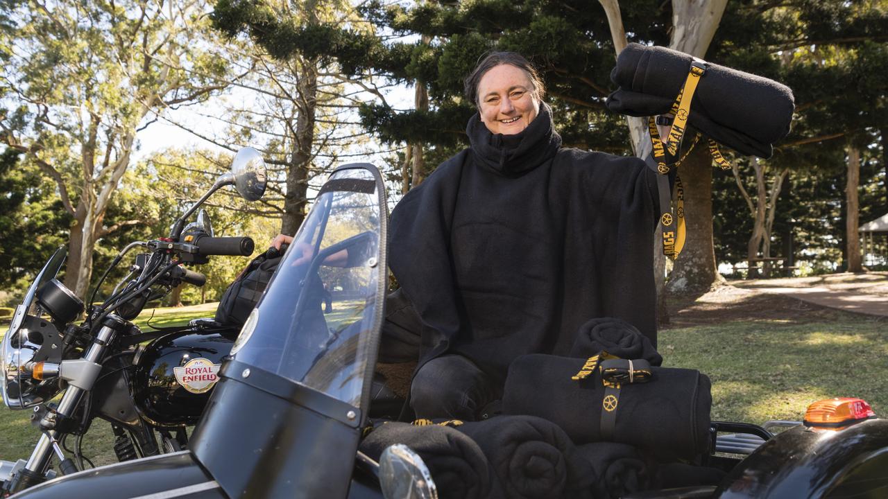 Narelle Lyons of Naz Bags made ponchos to be donated on the Huggie Bear Memorial Toowoomba Blanket Run organised by Downs Motorcycle Sporting Club. Picture: Kevin Farmer