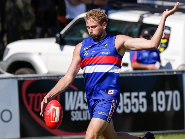 Jackson Calder kicks a goal for Mornington on Friday. Picture: Alan Dillon