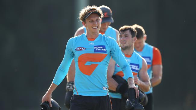 SYDNEY, AUSTRALIA - JUNE 09: Lachie Whitfield catches his breath during a Greater Western Sydney Giants AFL Training Session at GIANTS Stadium on June 09, 2020 in Sydney, Australia. (Photo by Mark Kolbe/Getty Images)