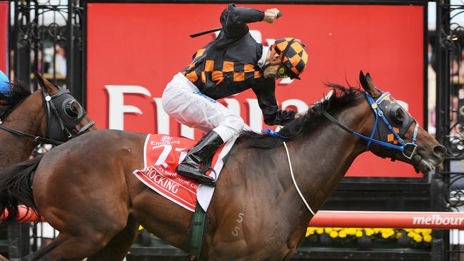 Jockey Corey Brown pumps his fist as Shocking wins the 2009 Melbourne Cup.