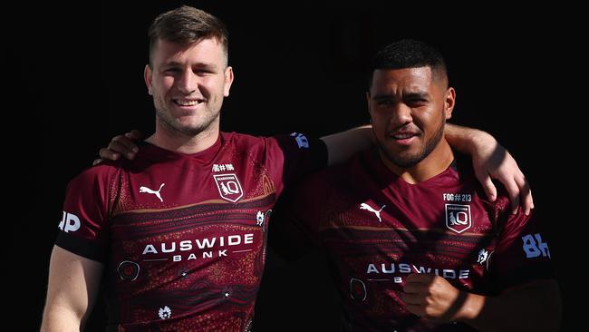 Jai Arrow and Moeaki Fotuaika during a Queensland Maroons State of Origin training session at Cbus Super Stadium on June 06, 2021. (Photo by Chris Hyde/Getty Images)