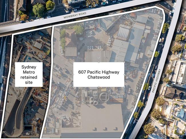 Aerial view of 607 Pacific Highway, Chatswood. Picture: Property and Development NSW