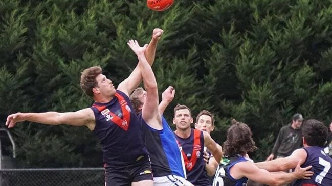 Powelltown champion Ben Wratten goes up in the ruck. Picture: Facebook