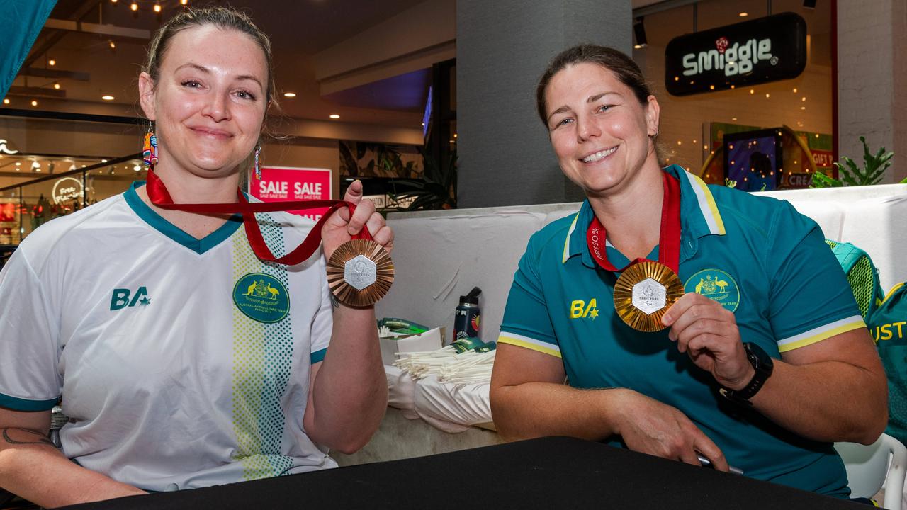 Shae Graham Wheelchair Rugby (Dual Paralympian and Paris Bronze medallist) with Nikki Ayers Para-rowing (Dual Paralympian and Paris Gold medallist) at the Olympic and Paralympic teams Welcome Home Celebrations at Casuarina shopping centre, Darwin, Oct 2024. Picture: Pema Tamang Pakhrin