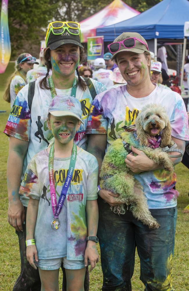 Dani Baronet, Stacee Comelli and Lola Lacaster dog Willow-Rayne from Mackay at the Mackay Colour Run 2021. Picture: Michaela Harlow