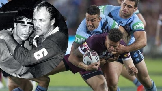 Action from State of Origin III last year and (inset) Wally Lewis and Wayne Pearce in 1986.