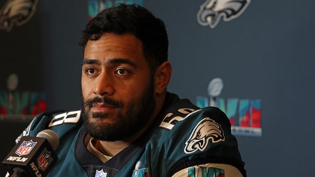 Mailata speaks to the media prior to Super Bowl LVII. Picture: Getty Images