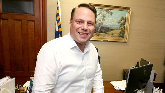 Adrian Schrinner, lord mayor of Brisbane, in his office awaiting results. Picture: Steve Pohlner