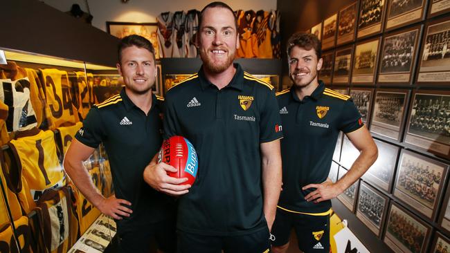 Hawthorn’s new skipper Jarryd Roughead with his vice-captains Liam Shiels and Isaac Smith. Picture: Michael Klein