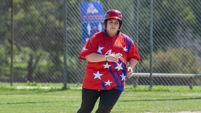 Lauren Hamilton rounds second base for All Stars. A1 softball women All Stars vs Warriors. Saturday. 31st Oct 2020