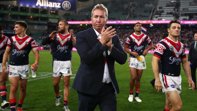 Roosters coach Trent Robinson and his players thank fans after beating South Sydney in the NRL preliminary final at Allianz Stadium. Picture: Getty Images