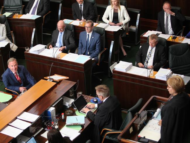 Speaker Sue Hickey, right, addresses members of the Lower House during Question Time in State Parliament this morning.