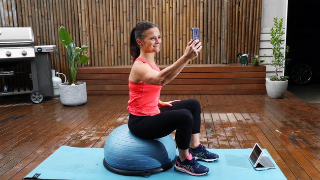 Personal trainer Kerri Elliott uses Zoom from her home to train her clients. Picture: Aaron Francis