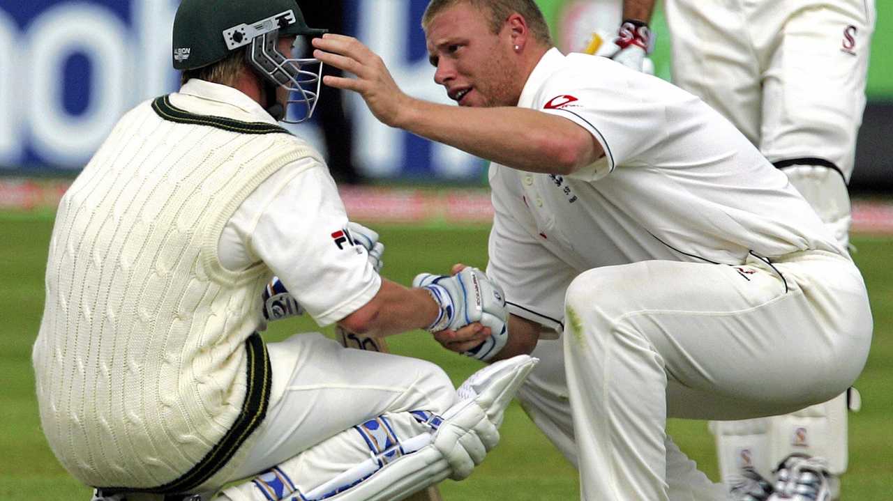 Lee is consoled by rival Andrew Flintoff after England beat Australia by just two runs to win the second Test in 2005. Picture: AFP