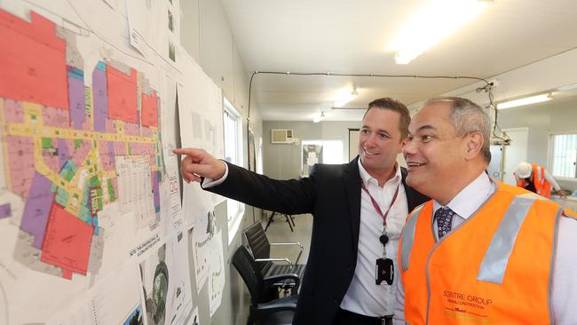 Mayor Tom Tate with Development Executive Scentre Group David Brennan reviewing the plans. Photo by Richard Gosling