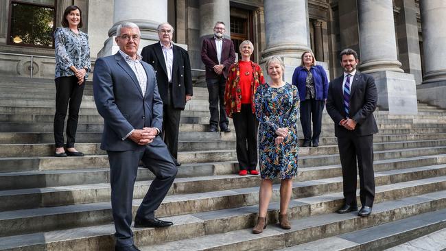 Seven of the nine SA MPs who have put up 17 different euthanasia Bills, 22 times since 1995. Front: former Liberal MP Duncan McFetridge, Lyn Such (widow of MP Bob Such); back: Labor MP Susan Close, former Labor MP John Quirke, former Greens MLC Mark Parnell, former Democrats MLC Sandra Kanck, former Labor MP Steph Key, and Labor MLC Kyam Maher. Absent: Labor MP Anne Levy. Picture: Sarah Reed