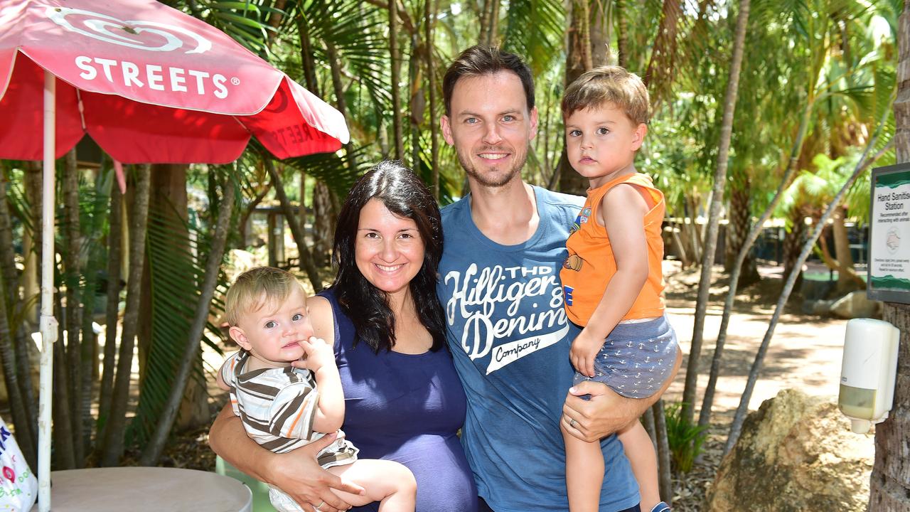 Julia and Tobi Wesseling with Noah, 10mths and Luke, 2, from Germany, pictured at Billabong Sanctuary. Picture: Shae Beplate.