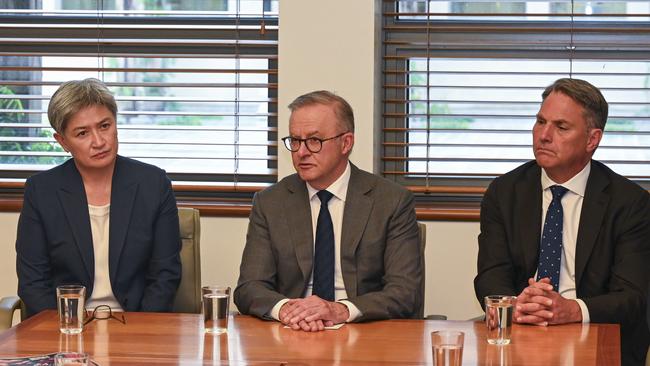 From left: Foreign Minister Penny Wong, Anthony Albanese and Defence Minister Richard Marles. Picture: NCA NewsWire / Martin Ollman