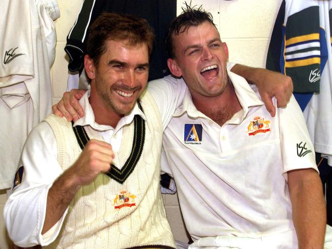 Justin Langer, left, and Adam Gilchrist celebrate after both scored centuries to set a new record run chase in 1999.