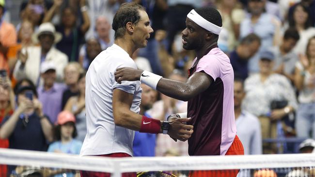 Frances Tiafoe shakes hands with Rafael Nadal after his shock win. Picture: Getty Images