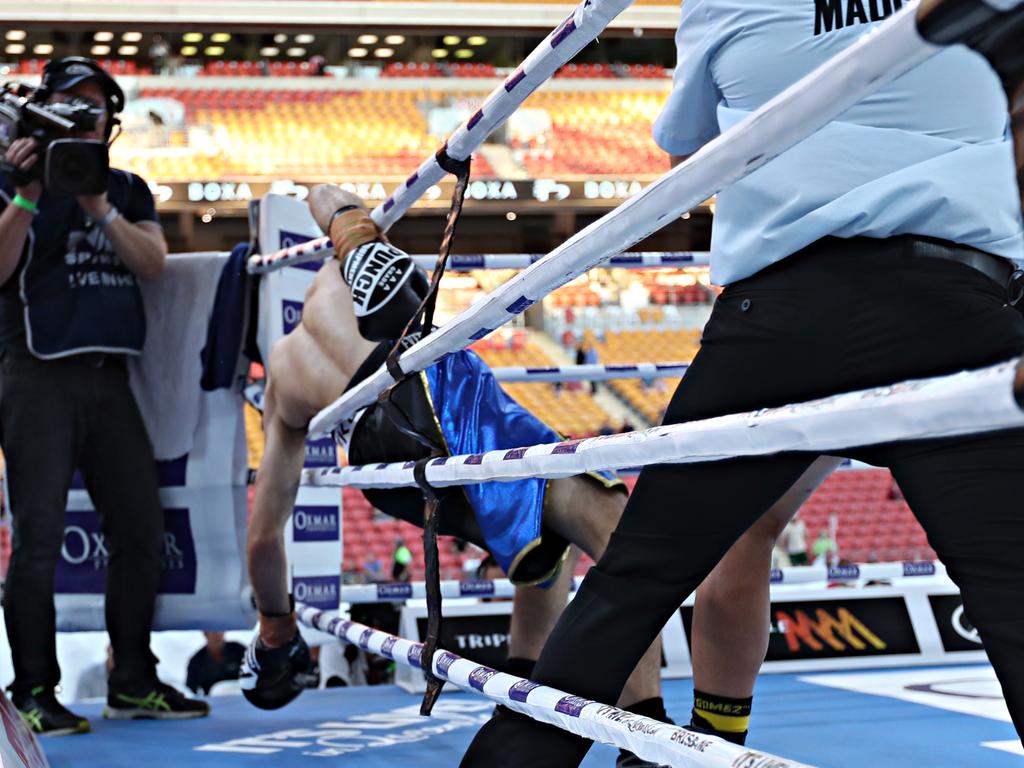 Ben Horn was knocked through the ropes. Pic Annette Dew