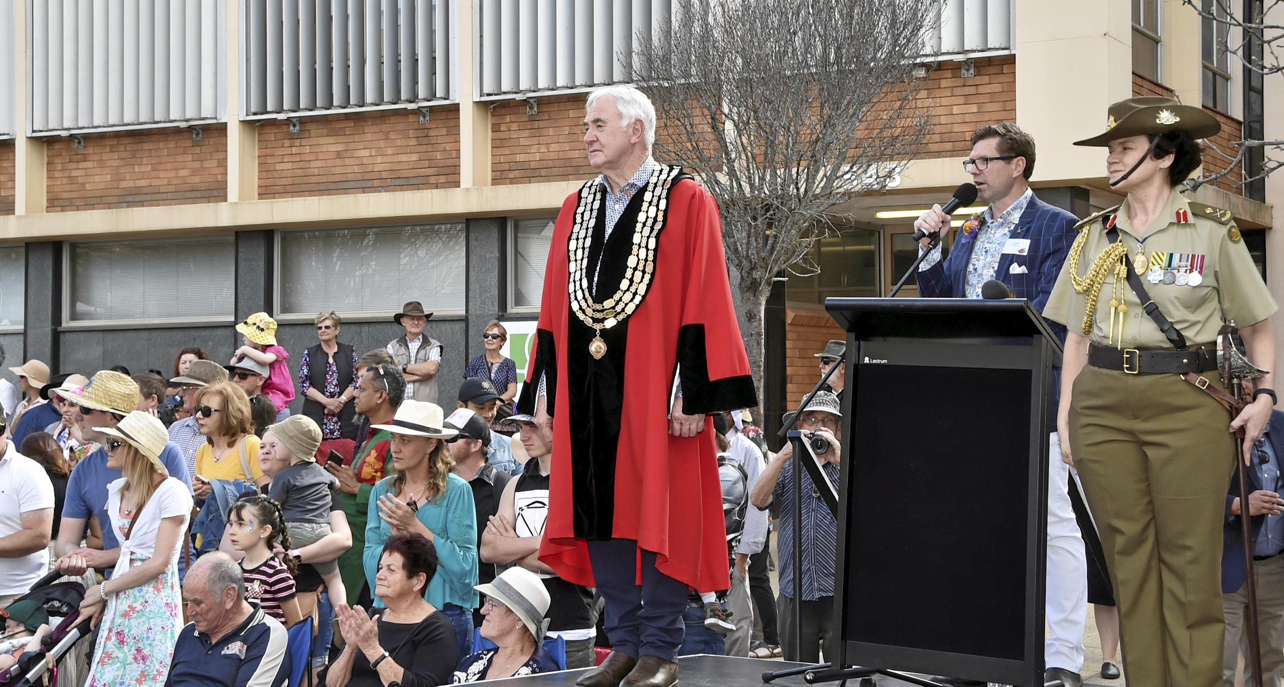 TRC Mayor Paul Antonio, Cr Geoff McDonald, and Major General Katherine Campbell . Visitors to the 70th Carnival of Flowers were treated to a Freedom of the City ceremony.  Carnival of Flowers 2019: Freedom of the City. September 2019. Picture: Bev Lacey