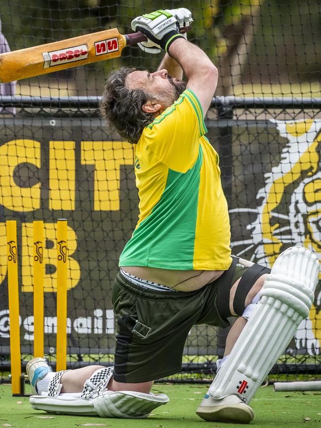 Mick Molloy tries some heroics at the crease. Picture: Jake Nowakowski