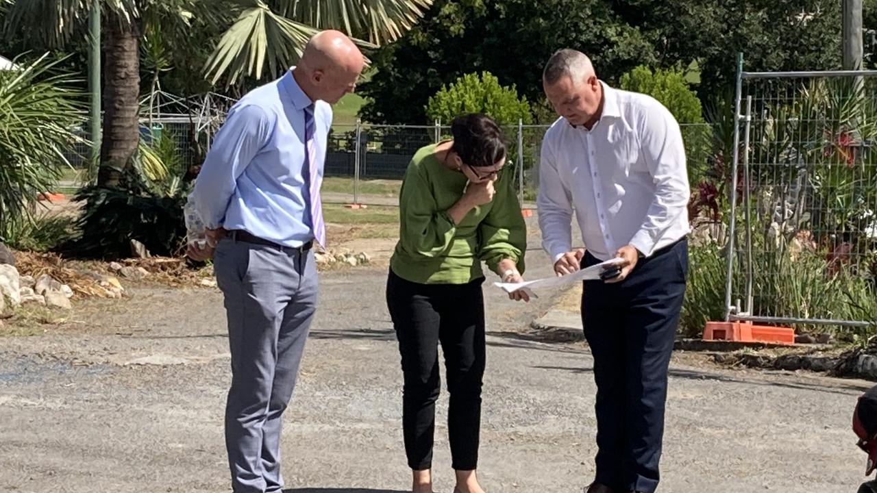 The old Gympie caravan park is being transformed into housing for residents displaced by the February 2022 Gympie floods. Mayor Glen Hartwig and Minister Leeanne Enoch are pictured at the site with staff.