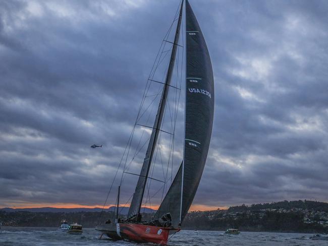 Winner of the Sydney Hobart Yacht Race Comanche close to the finish line in Hobart.