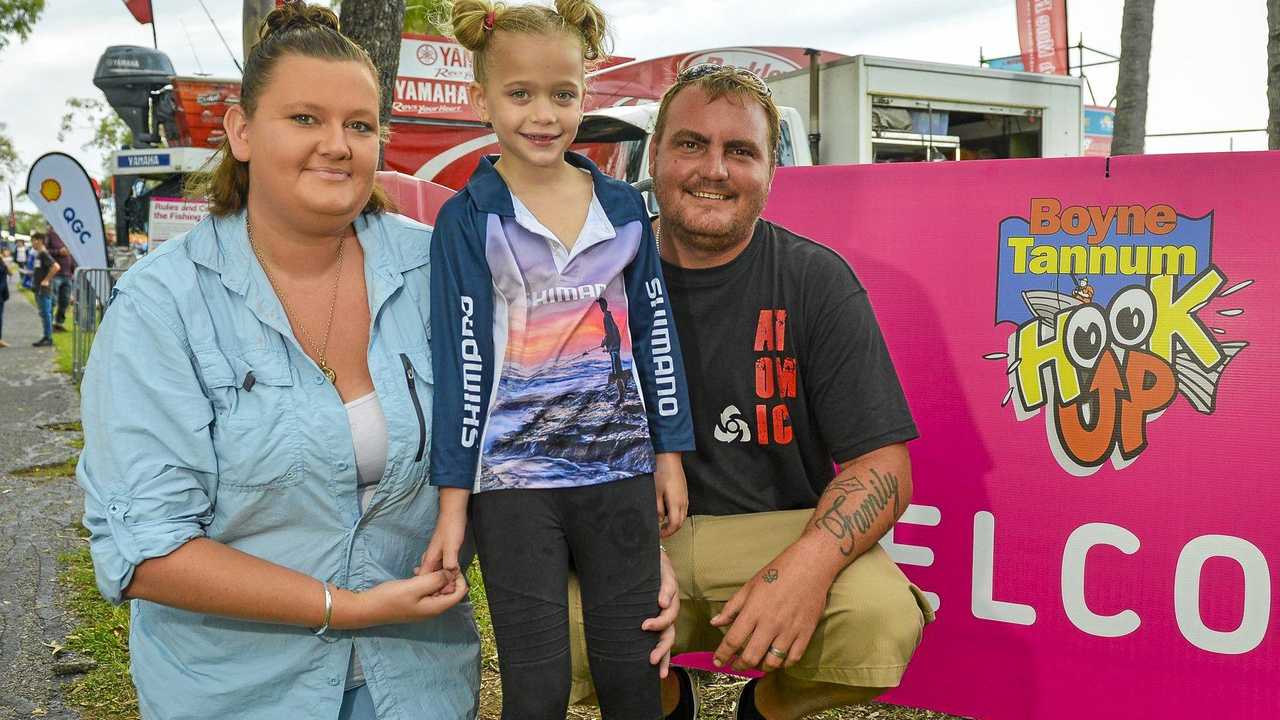 GREAT CATCH: Adele, Serenity and Christopher Stephens at the Boyne Tannum HookUp 2019. Adele and Christopher's romance started six years ago at the fishing event. Picture: Matt Taylor