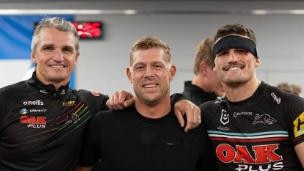 Mick Fanning in the sheds with Ivan and Nathan Cleary after their win preliminary final win over Melbourne. Picture: Panthers Instagram.