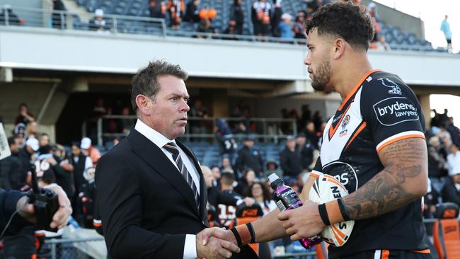 Tigers interim coach Brett Kimmorley wasn’t having too much fun following Wests’ 30-4 loss to Manly. Picture: Matt King/Getty Images