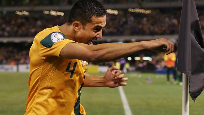 Tim Cahill celebrates a goal during the FIFA World Cup qualifier match between the Socceroos and Jordan at Etihad Stadium in 2013. Picture: Getty Images