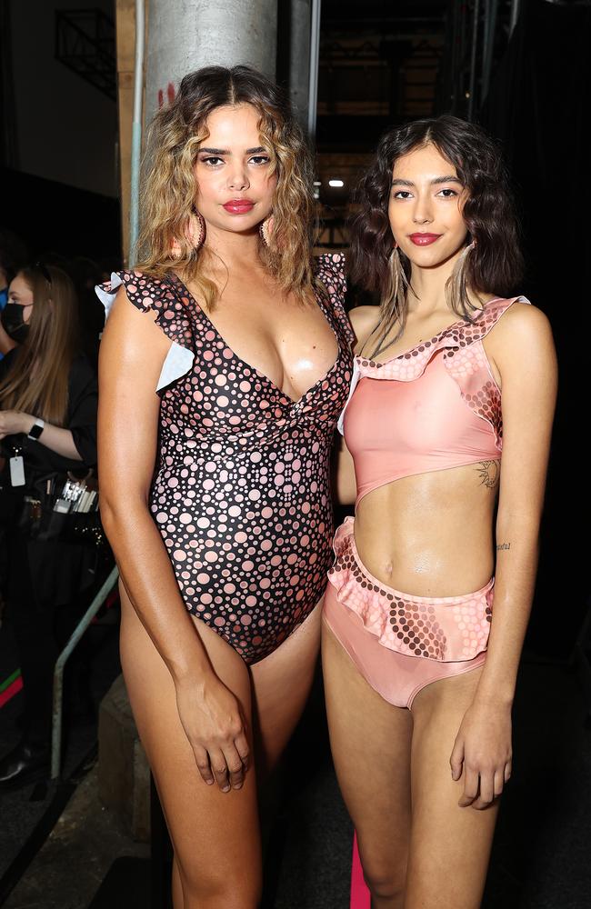 Sam and another model post backstage at the Indigenous Fashion Projects show. Picture: Brendon Thorne/Getty Images.