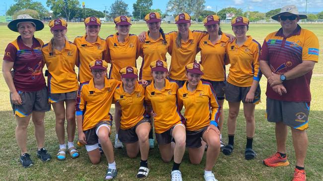 The victorious Central Queensland under-15 girls cricket team (back row, from left) manager Kelli Moore, Lila Atkinson, Darcie Moore, Grace Paine, Grace Rethamel, Jo-Marie Van Zyl, Mahli Rea, Lara French, coach Zach Wass and (front row, from left) Haylee Walters, Isabelle Barber, Evan Sullivan and Adelaide McArthur.