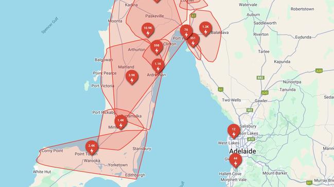 SA Power Networks Map of the unplanned power outages as of 6pm on Friday 14 March 2025. Picture: Supplied - https://outage.apps.sapowernetworks.com.au/OutageReport/OutageMap