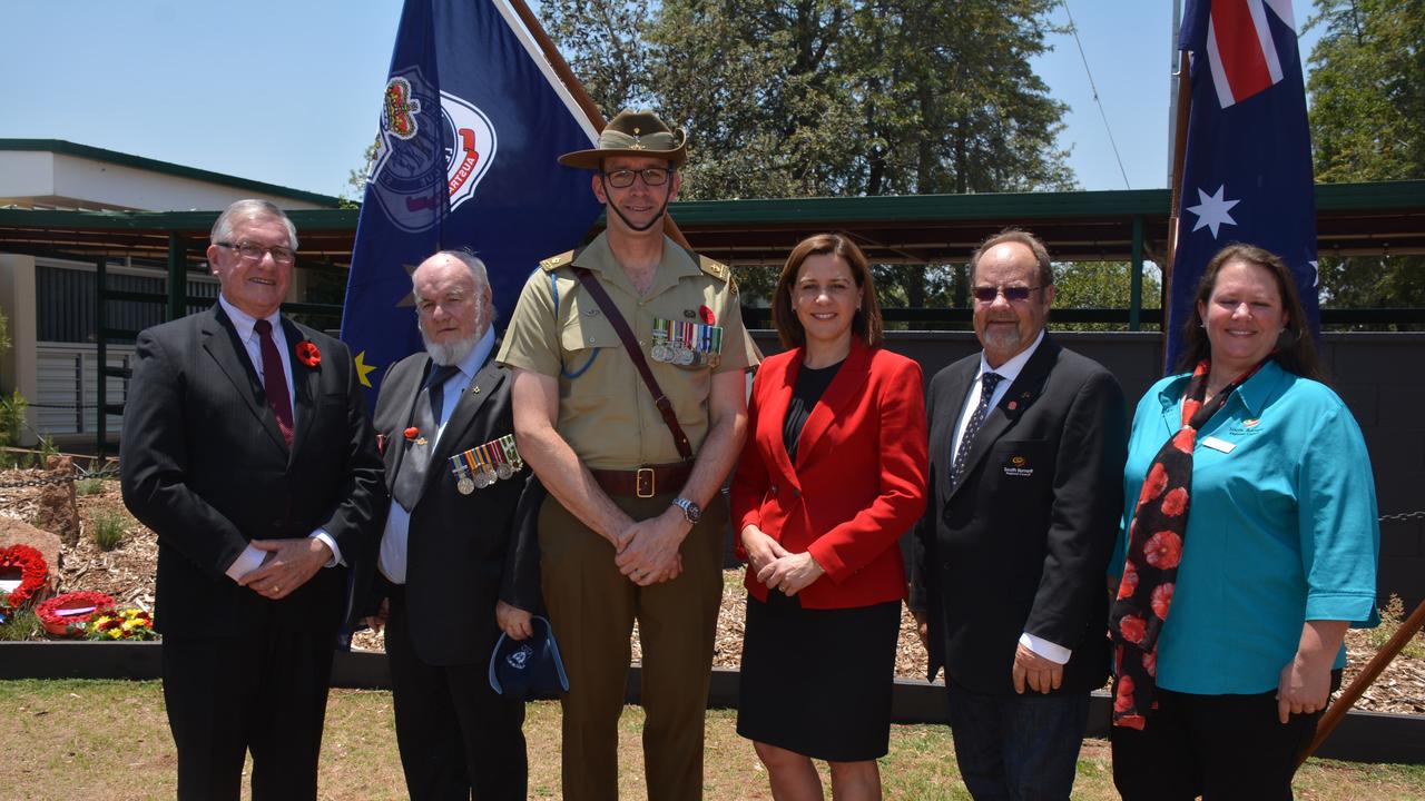 Mayor Keith Campbell, Don Davey, Major Craig Campbell, Deb Frecklington, Cr Terry Fleischfresser and Cr Danita Potter at the 2019 Kingaroy Remembrance Day service at KSHS. (Photo: Jessica McGrath)