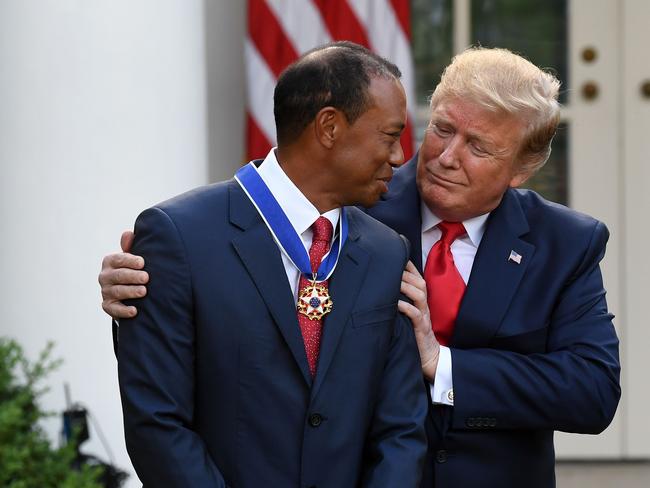 US President Donald Trump played a round of golf with Tiger Woods before flying to New Orleans for the Super Bowl. Picture: AFP