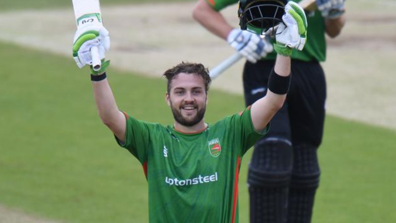 Josh Inglis celebrates one of his two centuries for Leicestershire. Picture: Tony Marshall/Getty Images