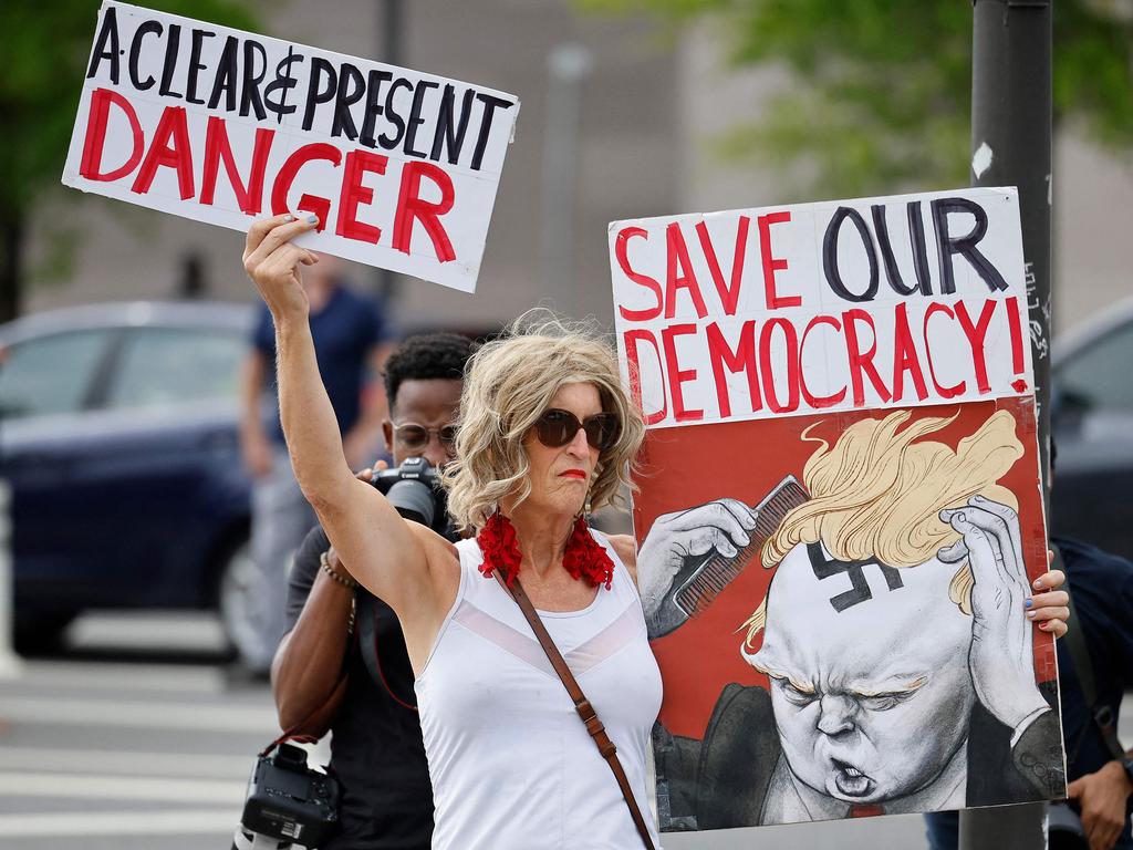 Protesters and journalists began gathering outside the E. Barrett Prettyman Court House in Washington on Wednesday ahead of the historic arraignment. Picture: Chip Somodevilla / Getty Images North America / Getty Images via AFP