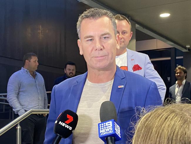 Former AFL great Wayne Carey spoke to reporters outside the Wagga Wagga RSL. Picture: Catie McLeod