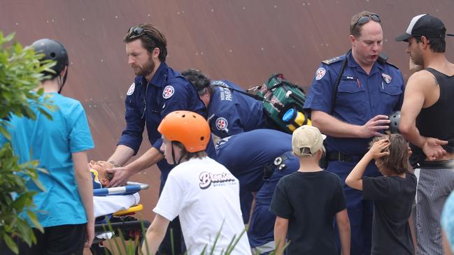 A boy, 10, (left) had to be flown to hospital by helicopter after falling about four metres while skateboarding at the Mona Vale skate park. He was wearing a helmet. Picture: John Grainger