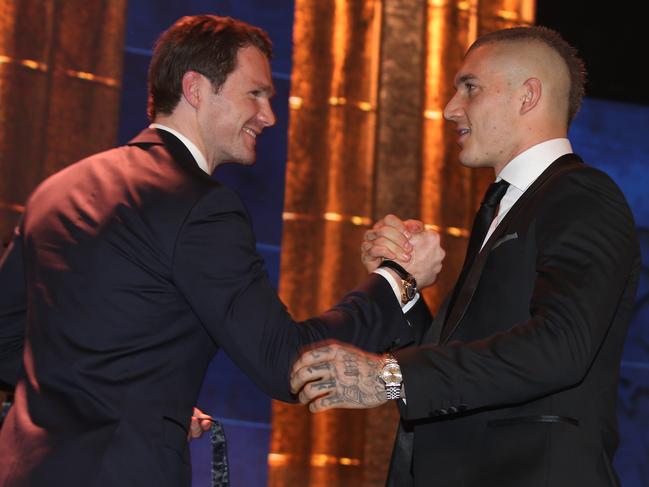 2017 Brownlow Medal count. Dustin Martin gets awarded the Brownlow from last years winner Patrick Dangerfield  . Pic: Michael Klein