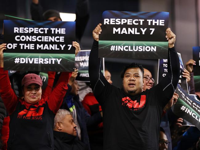 SYDNEY, AUSTRALIA - JULY 28:  Sea Eagles fans show their support  during the round 20 NRL match between the Manly Sea Eagles and the Sydney Roosters at 4 Pines Park on July 28, 2022, in Sydney, Australia. (Photo by Cameron Spencer/Getty Images)